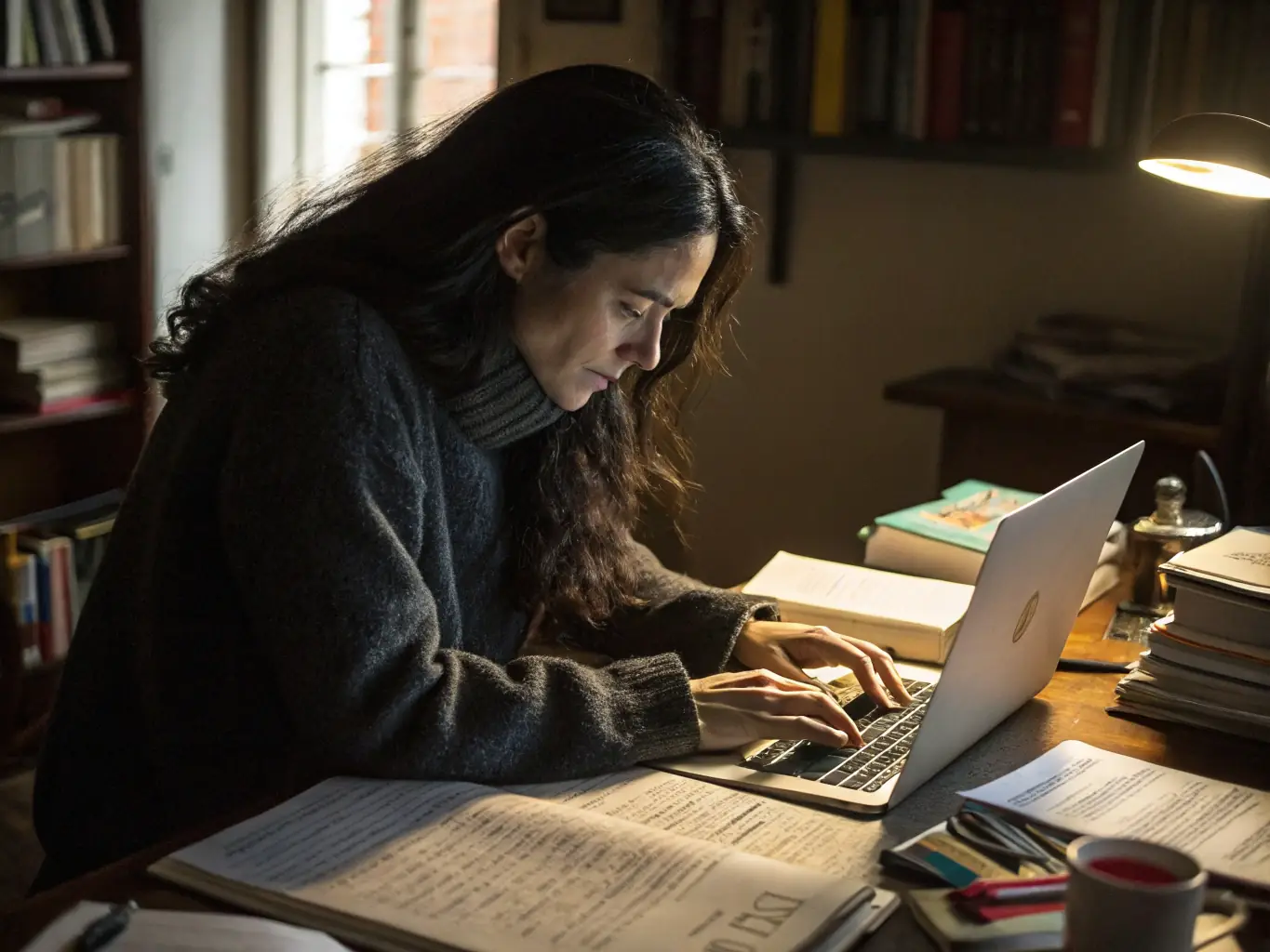 An image of a writer thoughtfully reviewing a manuscript, surrounded by books and notes, symbolizing the careful and insightful feedback provided by Mulch Writing's beta reading services.