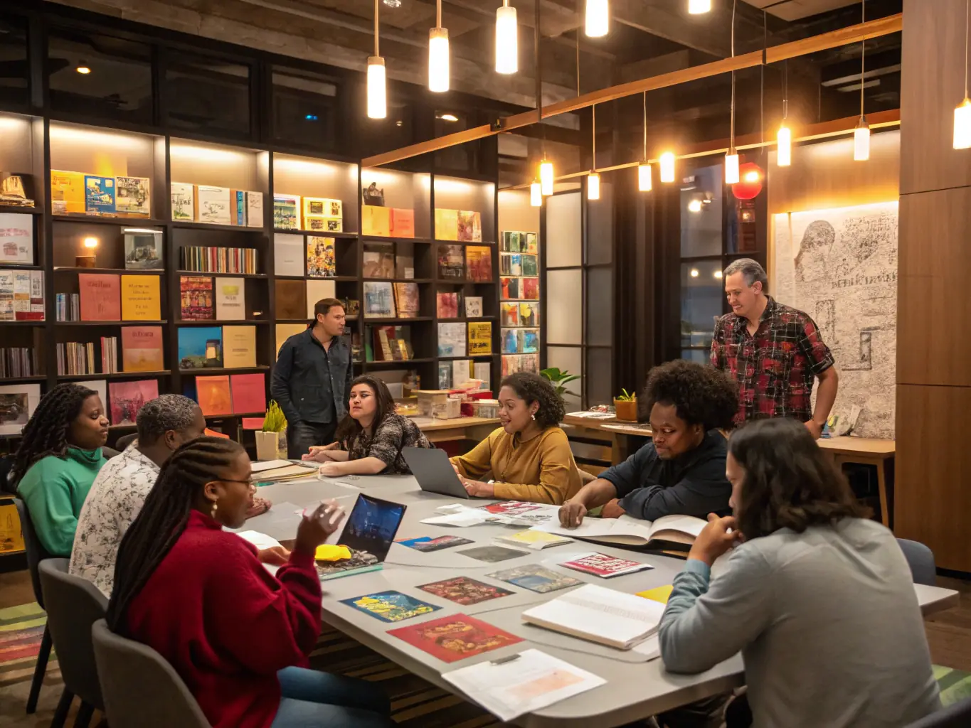 An image of a diverse group of beta readers engaged in a lively discussion about a manuscript, highlighting the collaborative and insightful nature of the beta reading process.
